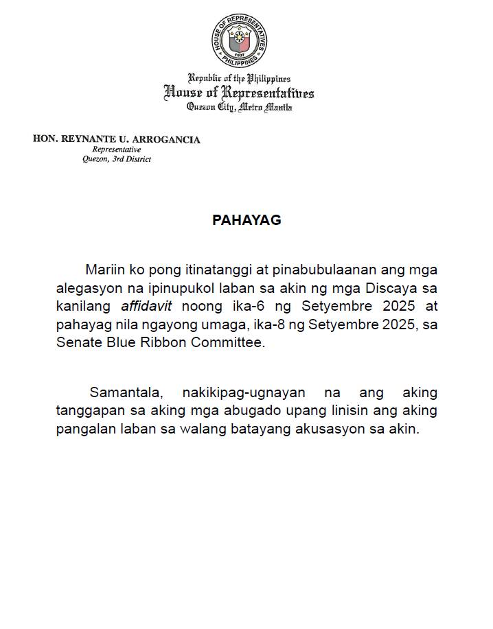 Quezon 3rd District Rep. Reynante Arrogancia, naglabas ng pahayag ukol sa alegasyon ng mga Discaya