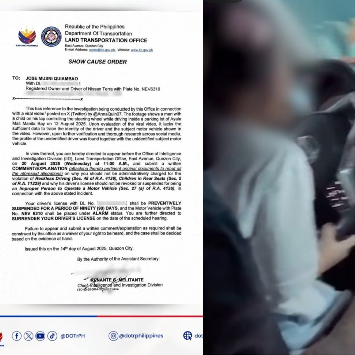 DOTr, sinuspinde ng 90 araw ang lisensya ng driver na pinagmaneho ang bata sa mall parking lot