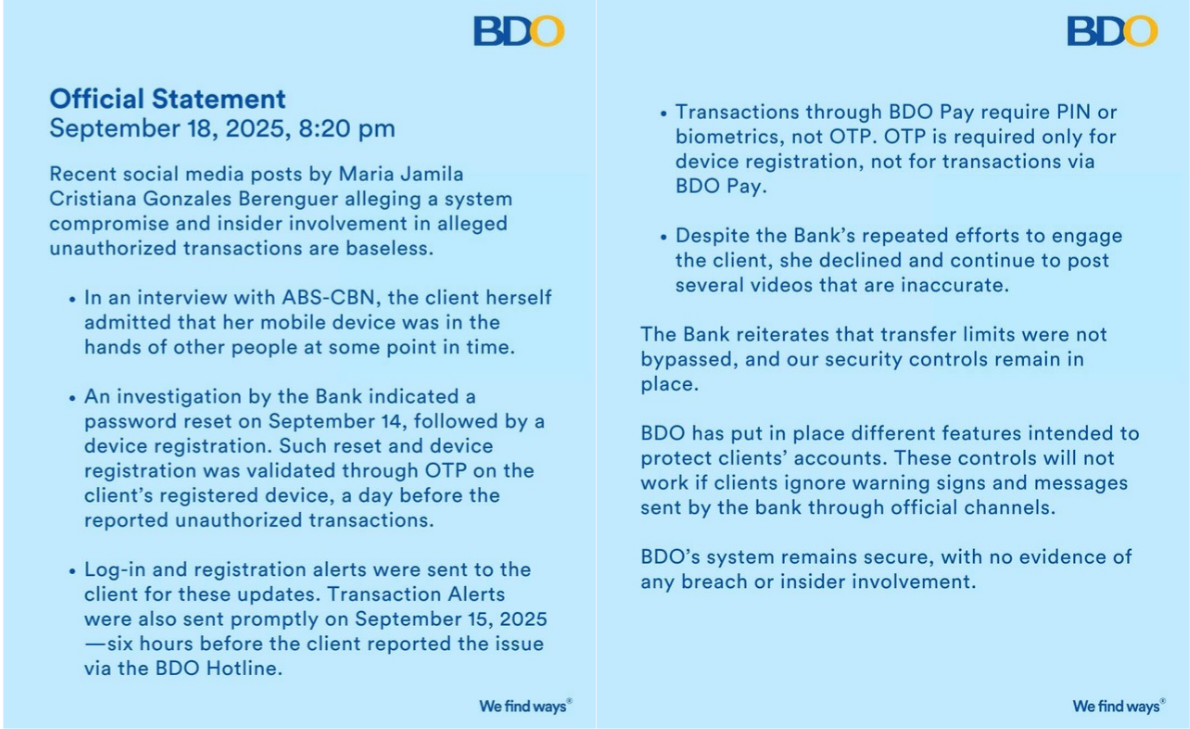 BDO, dumepensa laban sa viral posts hinggil sa umano’y unauthorized transactions