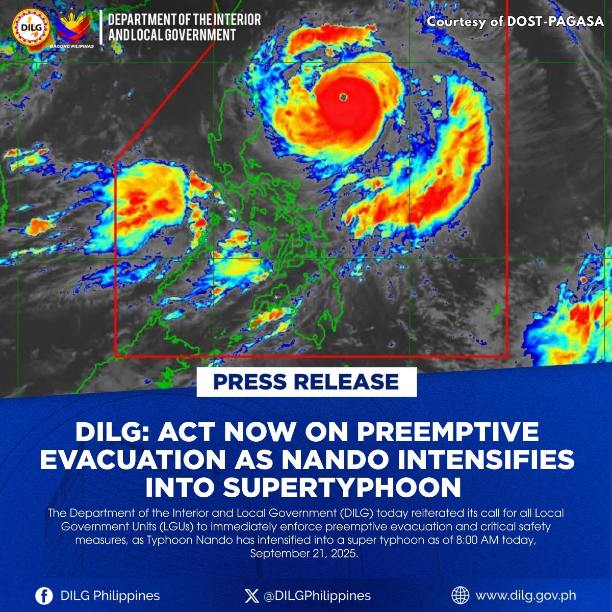 Babala ng DILG: agarang paglikas sa mga delikadong lugar dahil sa super typhoon Nando