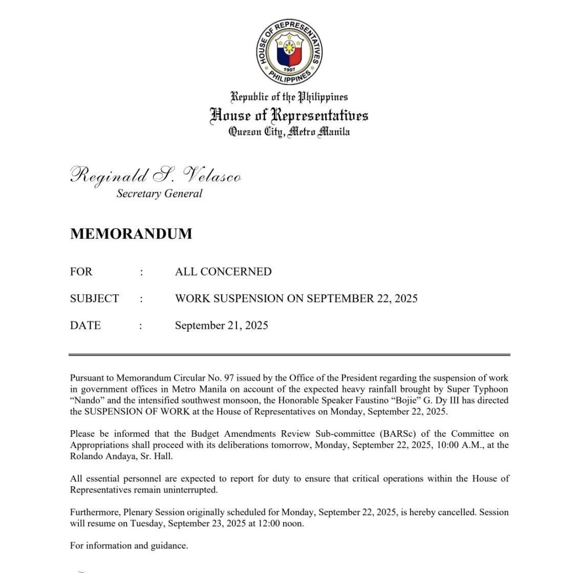HRep, Suspendido ang Trabaho sa September 22 Dahil sa Bagyong Nando