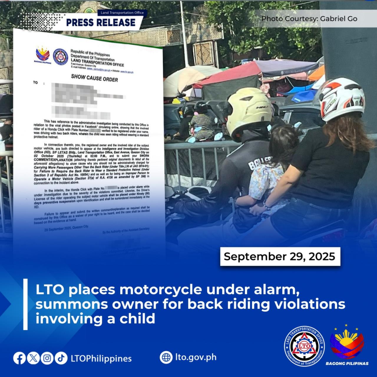 LTO, pinanagot ang drayber ng motorsiklo sa viral back riding violation na may kasamang angkas na bata