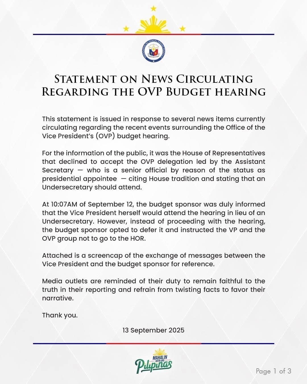 'No show' ng OVP nilinaw, Kamara ang nagdesisyon sa pag-defer ng budget hearing