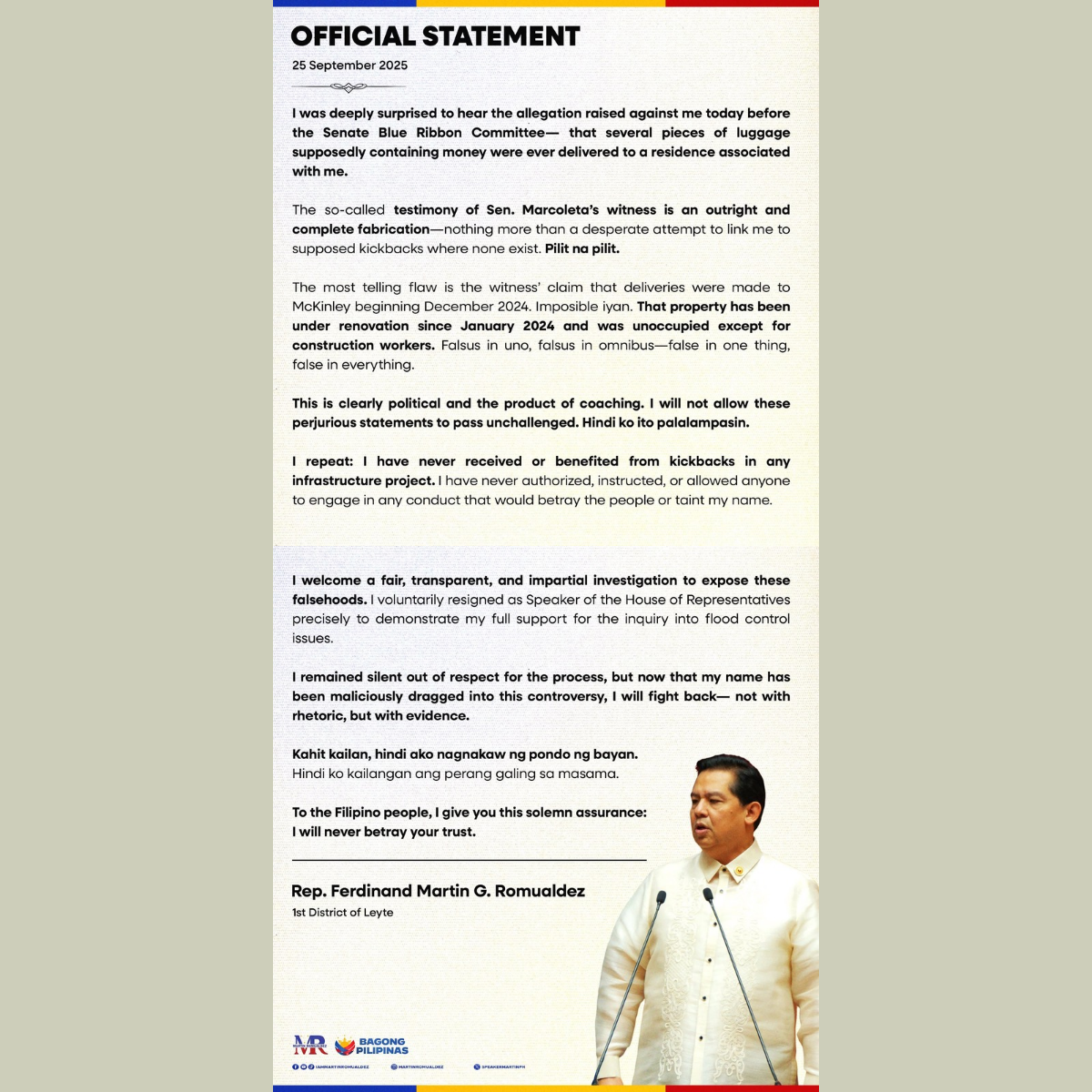 Romualdez mariing pinabulaanan ang alegasyong kickback, iginiit na hindi kailanman nakinabang sa pera ng bayan
