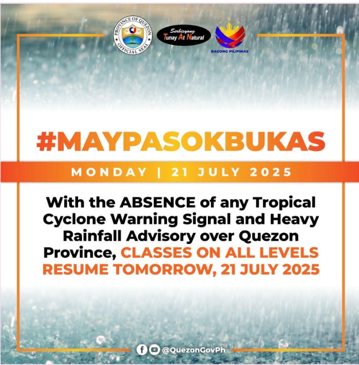 Klase Balik na Bukas sa Quezon Province, Hulyo 21