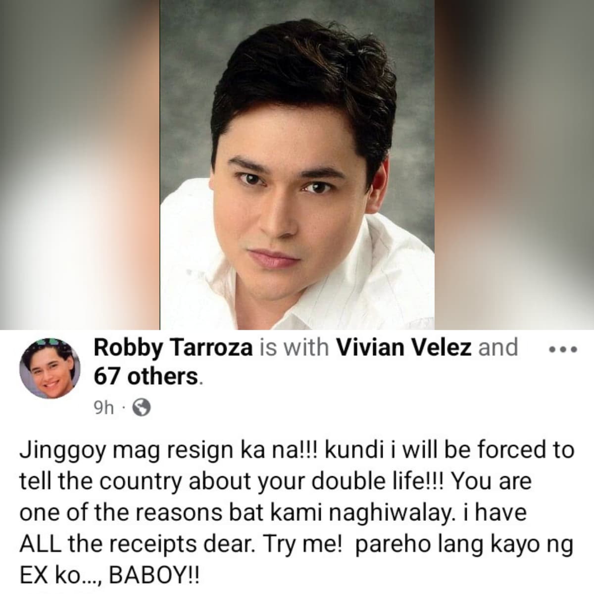 Robby Tarroza, binanatan si Sen. Jinggoy Estrada; hinamon na magbitiw o ibubulgar umano ang “double life”