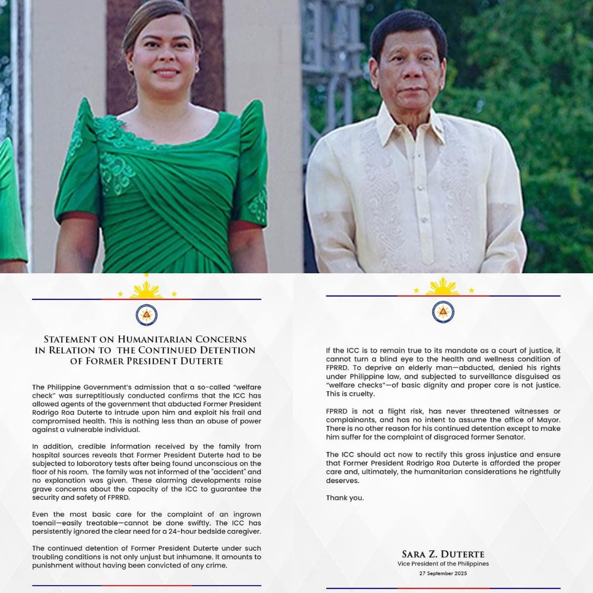VP Sara Duterte: ayusin ng ICC ang hindi makataong detensyon kay dating Pangulong Duterte
