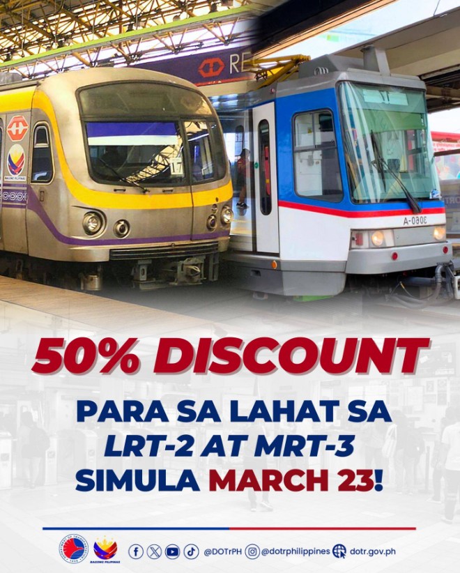 50% discount hits MRT-3, LRT-2 on March 23
