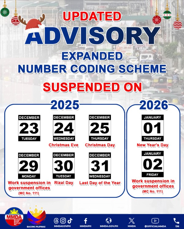 Number coding ng MMDA suspendido sa Pasko, Bagong Taon