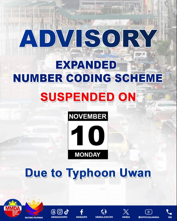 Coding scheme, suspendido sa Nov. 10 dahil sa Bagyong Uwan — MMDA