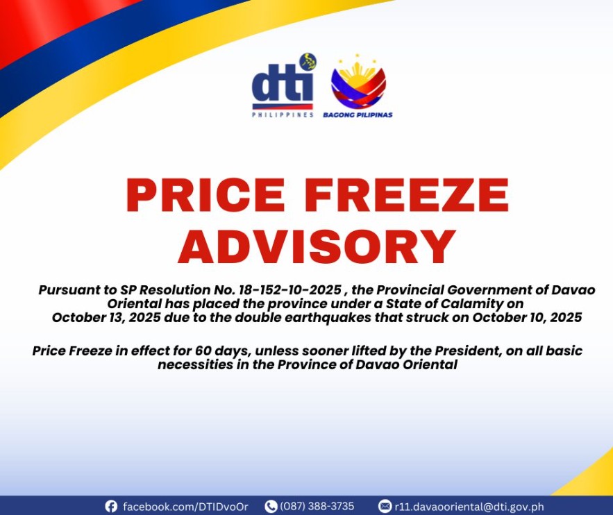 60-araw na price freeze, ipinatupad sa Davao Oriental matapos ang mga lindol