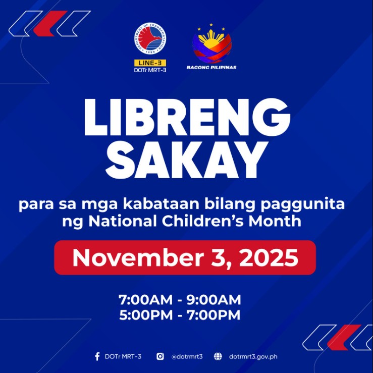 Libreng sakay! Menor de edad, walang bayad sa MRT-3 sa Nov. 3 bilang paggunita sa National Children’s Month