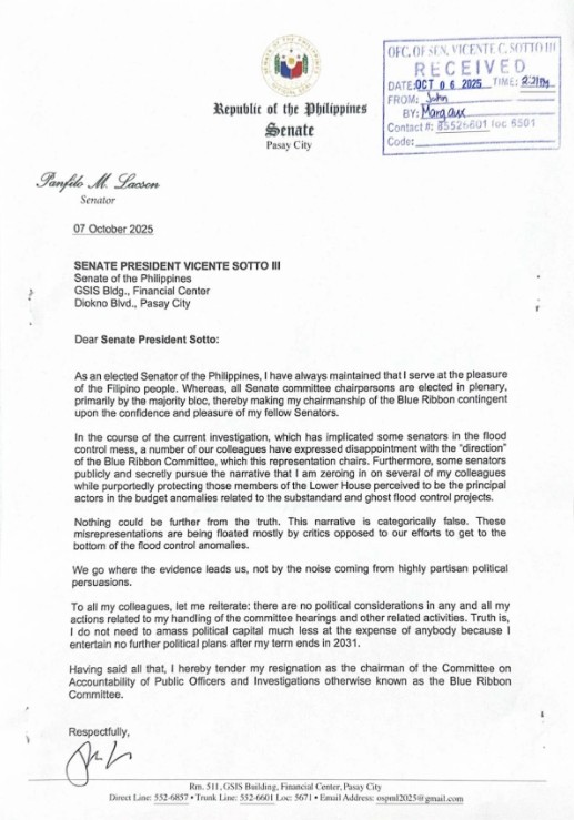 Lacson, pormal nang nagbitiw bilang pinuno ng Blue Ribbon Committee