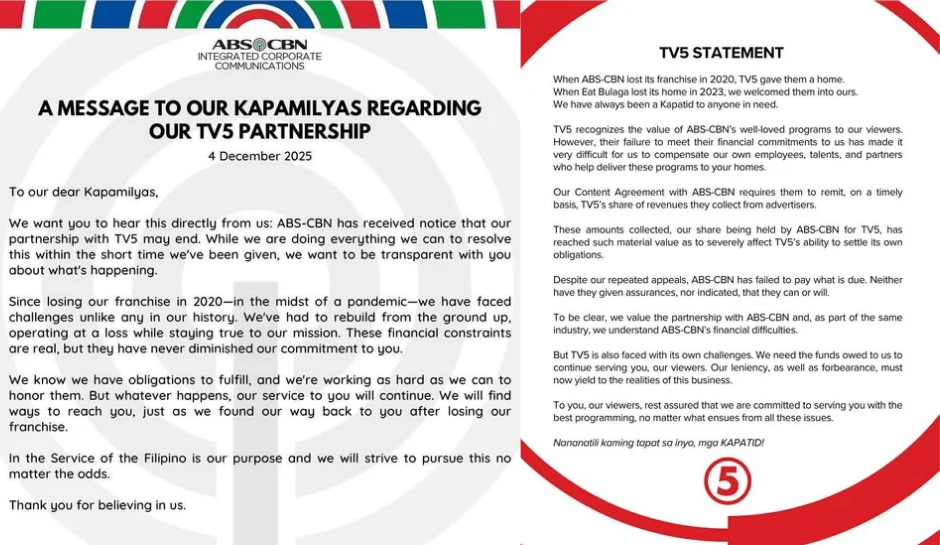 Naglabas ng kanya kanyang saloobin, Official statements ng Abs-Cbn at Tv5 sa pagwawakas ng kanilang partnership