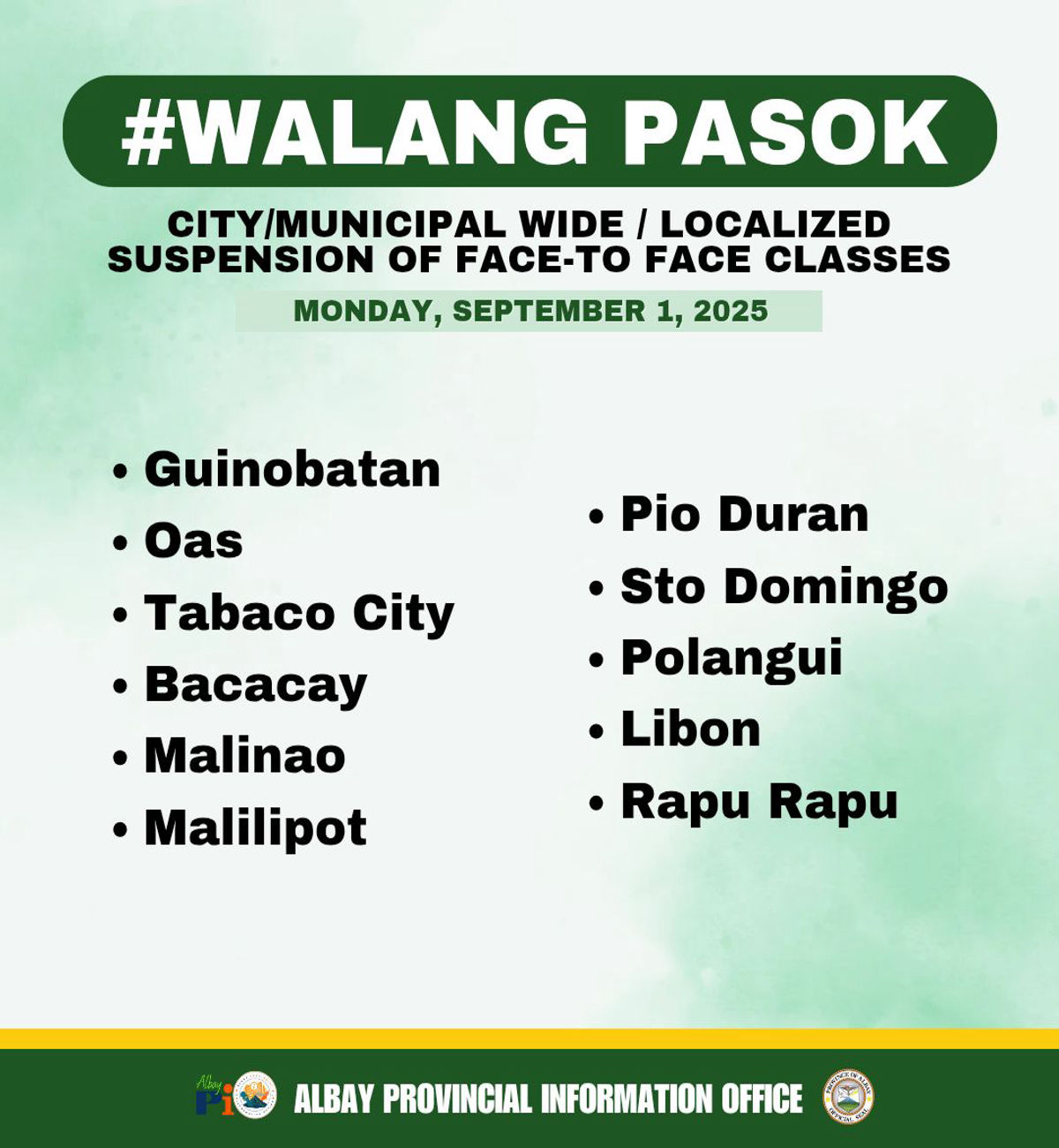 Klase sa ilang bayan sa Albay suspendido sa Lunes, Setyembre 1, 2025 dahil sa masamang panahon