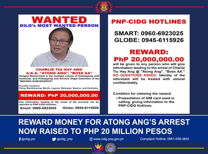 CIDG releases ₱20M bounty rules for Atong Ang tipsters