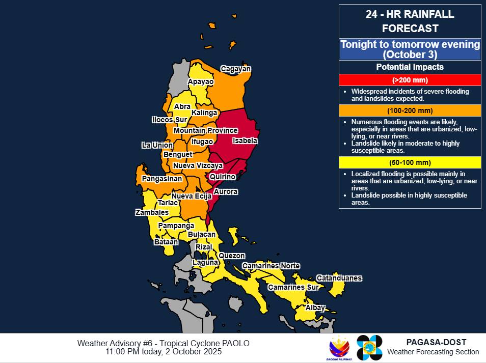 PAGASA, naglabas ng weather advisory: Bagyong Paolo, magdadala ng matinding pag-ulan