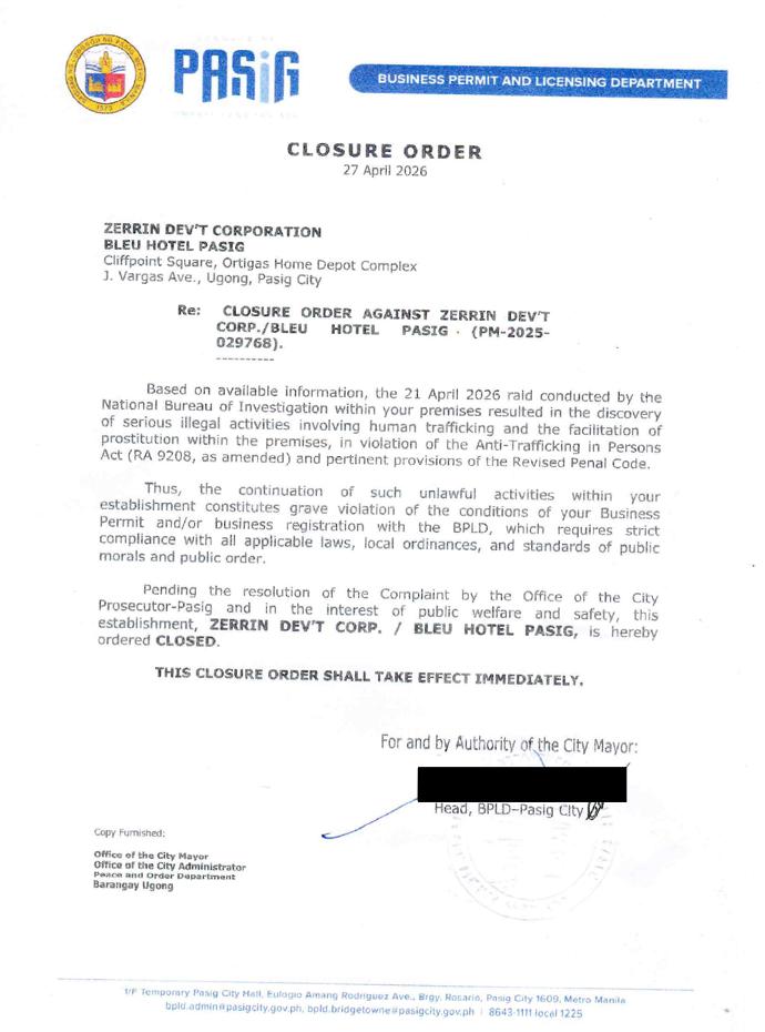 Bleu Hotel Pasig closed — Mike Defensor family link under probe