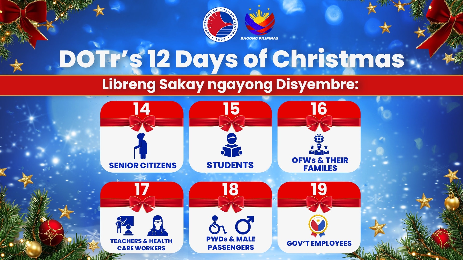 DOTr, naghandog ng ‘12 Days of Christmas’, libreng sakay sa LRT-1, LRT-2, at MRT-3 simula Disyembre 14-25