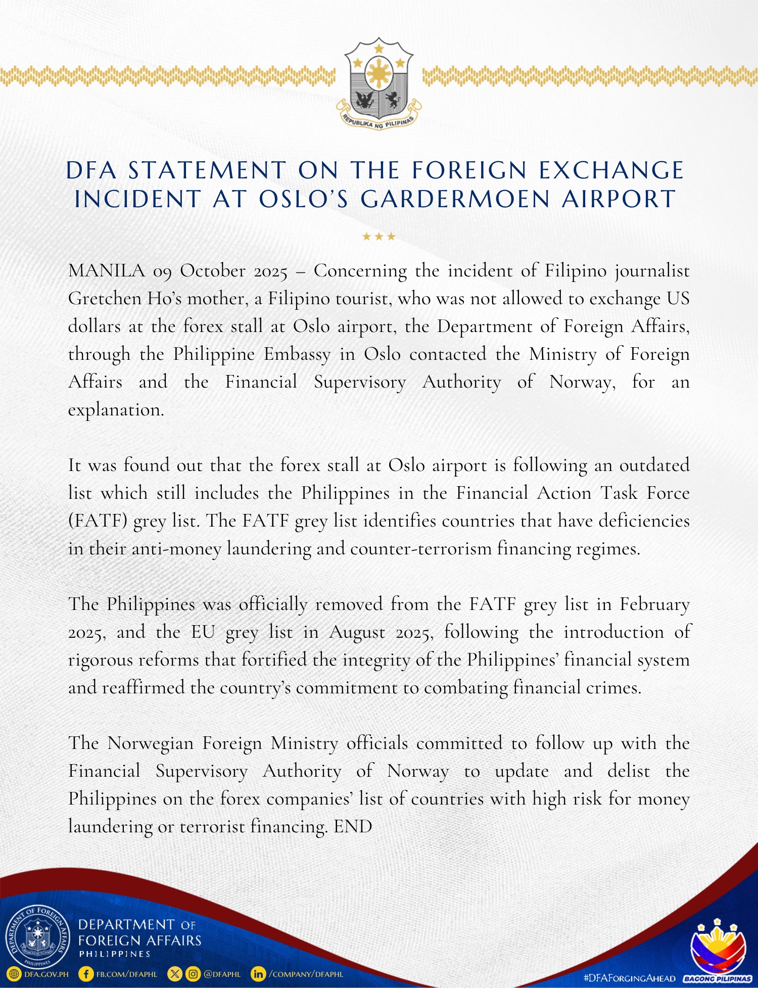 DFA: ‘Outdated info’ ang sanhi ng Gretchen Ho forex issue sa Norway airport