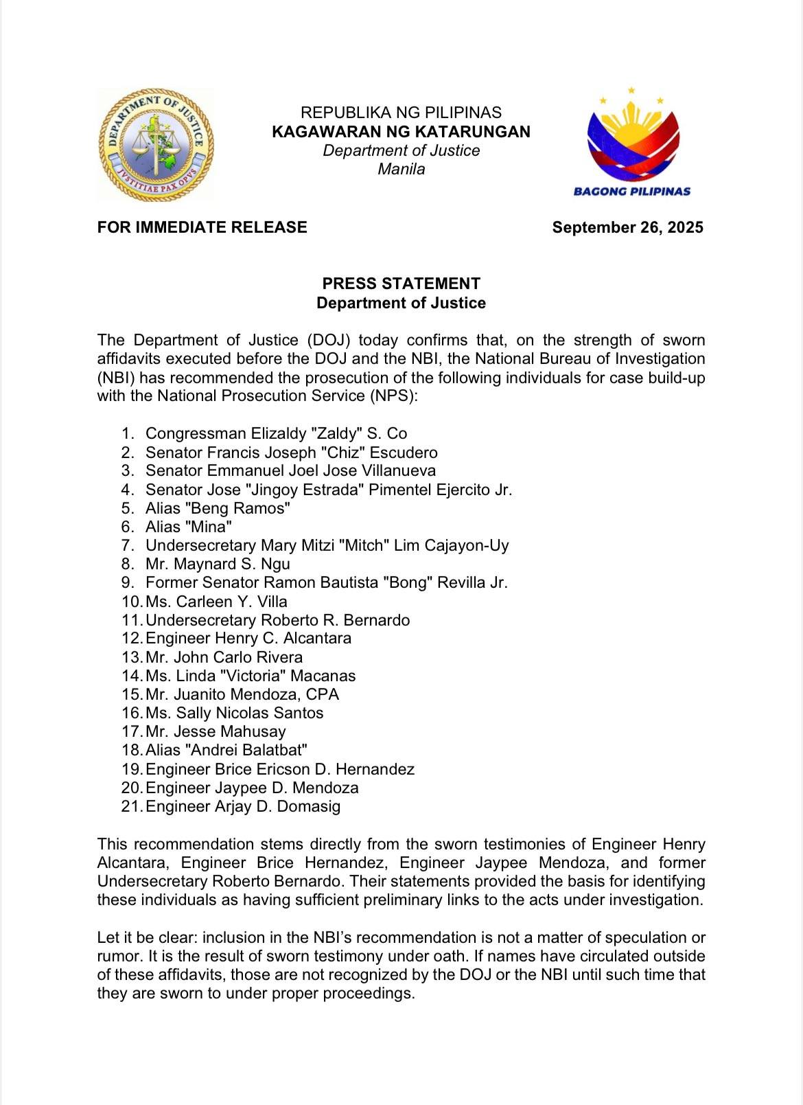 DOJ inilabas ang mga personalidad na kakasuhan; Romualdez, Binay wala sa listahan