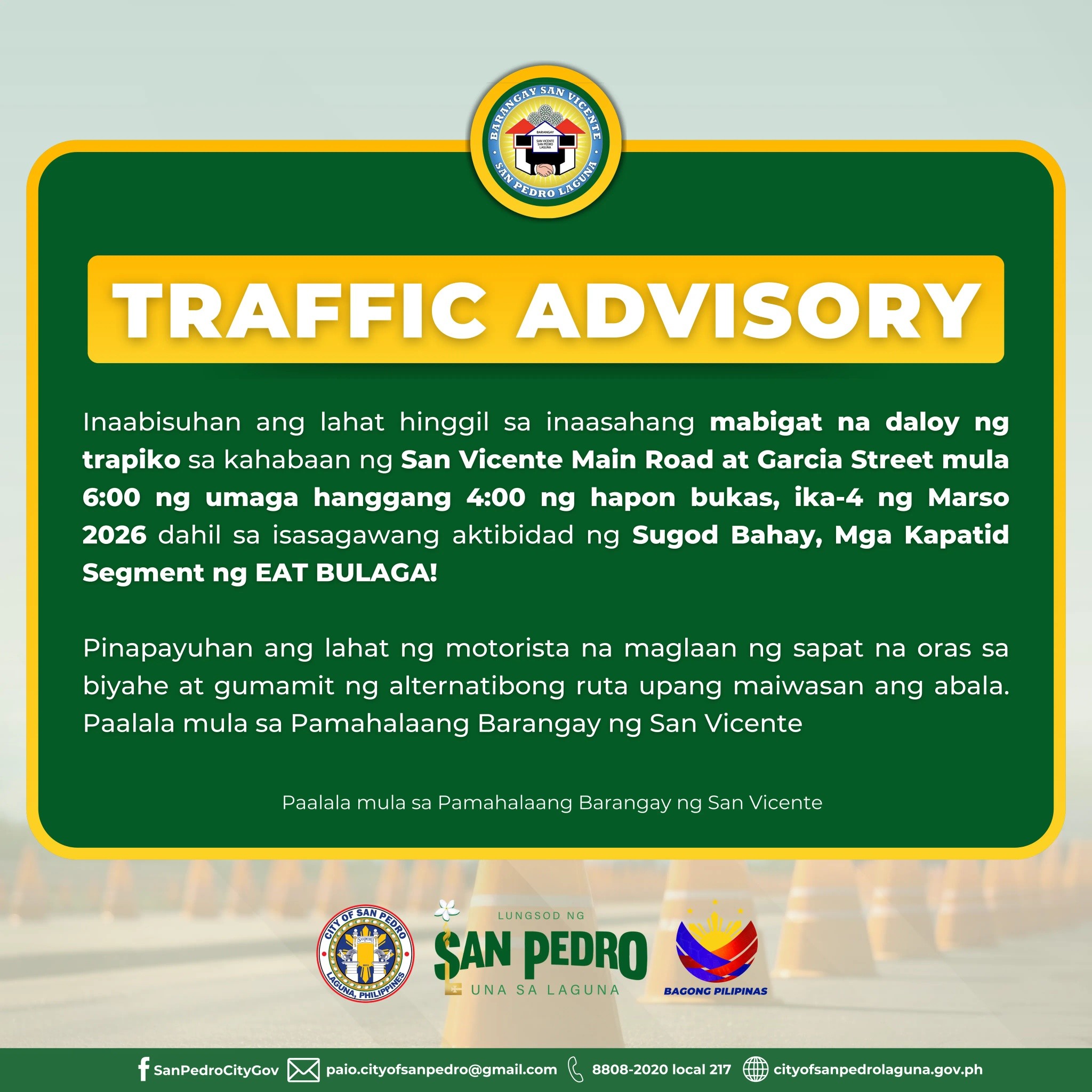 ‘Eat Bulaga’ in San Pedro, Laguna? — Traffic advisory issued in San Vicente