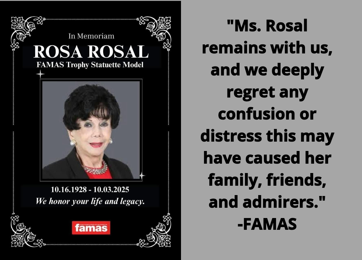 FAMAS humingi ng paumanhin matapos maling ianunsyo ang pagkamatay ni Rosa Rosal