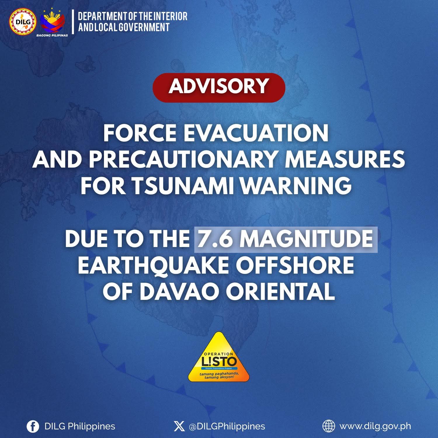 DILG Nag-utos ng force evacuation sa mga baybaying lugar kasunod ng lindol at tsunami warning