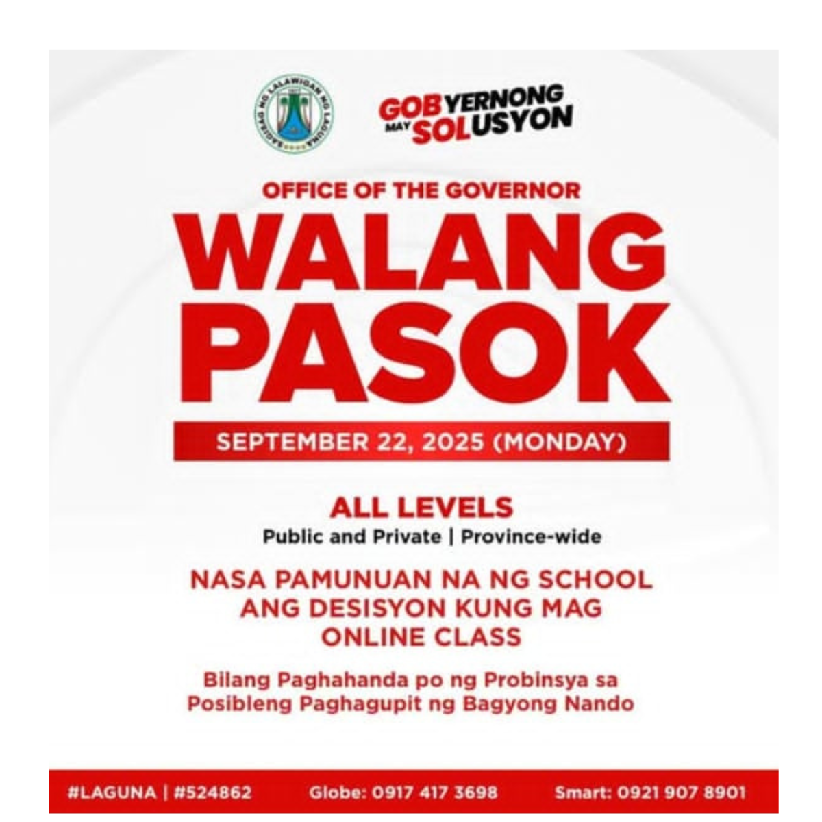 Klase sa lahat ng antas suspendido sa Laguna bilang paghahanda sa super typhoon Nando