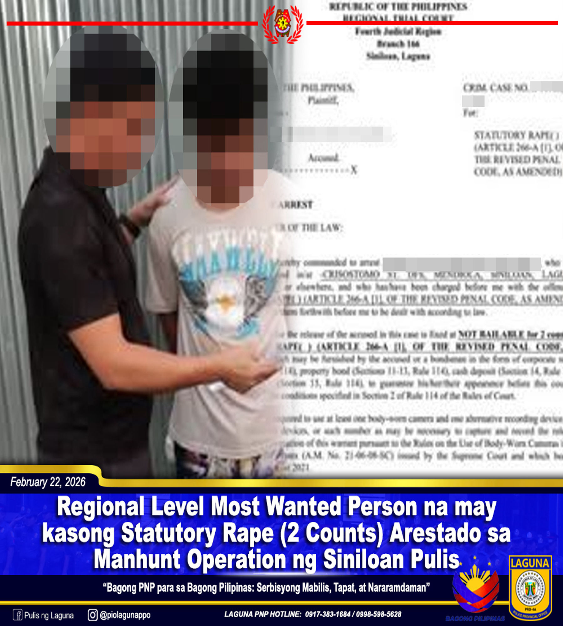 Regional most wanted suspect in 2 statutory rape cases arrested in Siniloan manhunt
