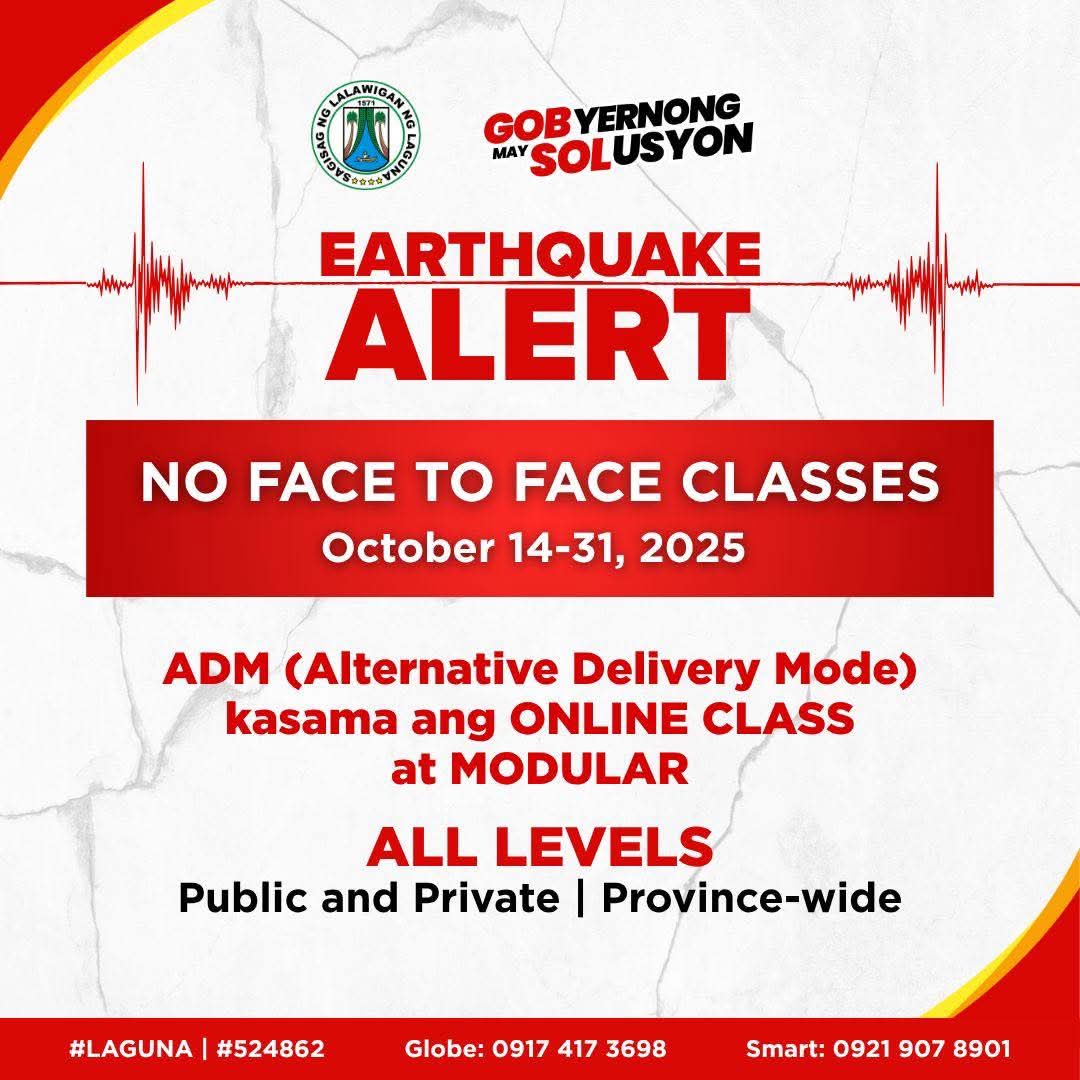 Gob. Sol Aragones, pansamantalang nag-suspend ng face-to-face classes sa lahat ng level sa Laguna mula Oktubre 14–31, 2025
