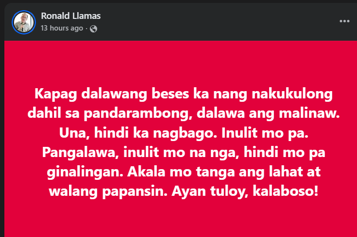 Ronald Llamas hits politician for being jailed not once but twice for graft case