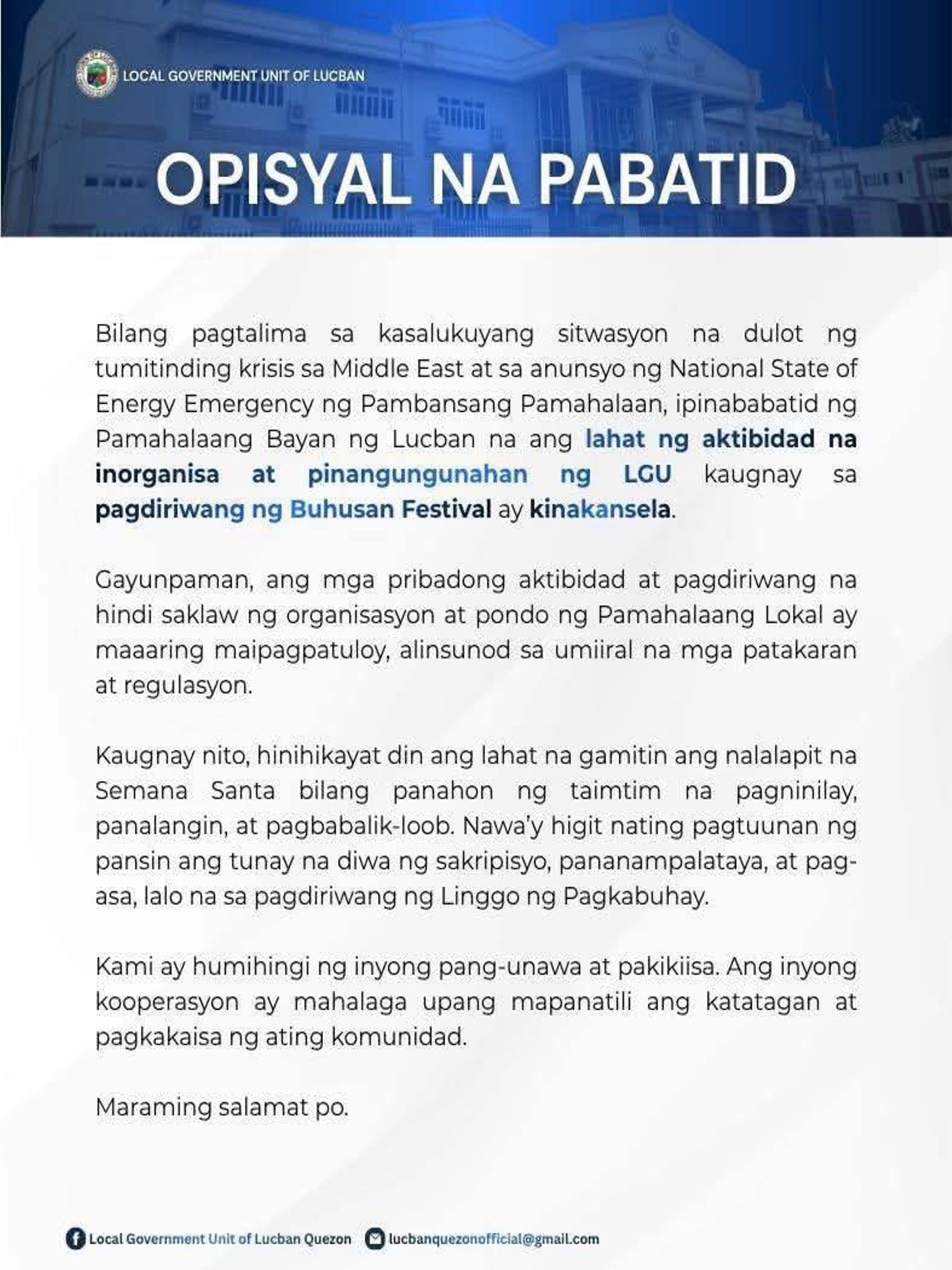 Lucban cancels Buhusan Festival amid energy emergency — Responsible governance or cultural setback?