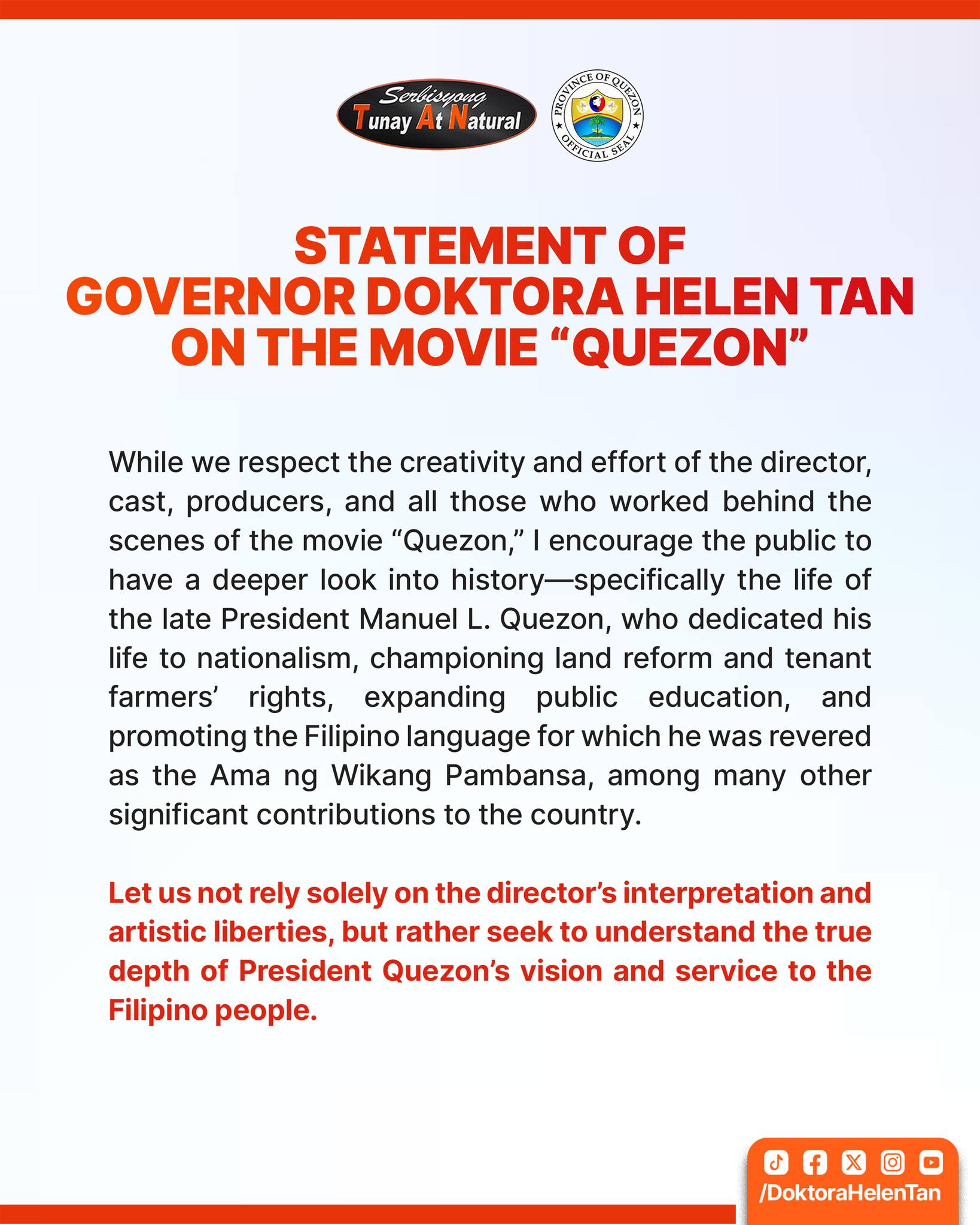 ‘I encourage the public to have a deeper look into history’ — Gov. Helen Tan, naglabas ng pahayag ukol sa pelikulang ‘Quezon’