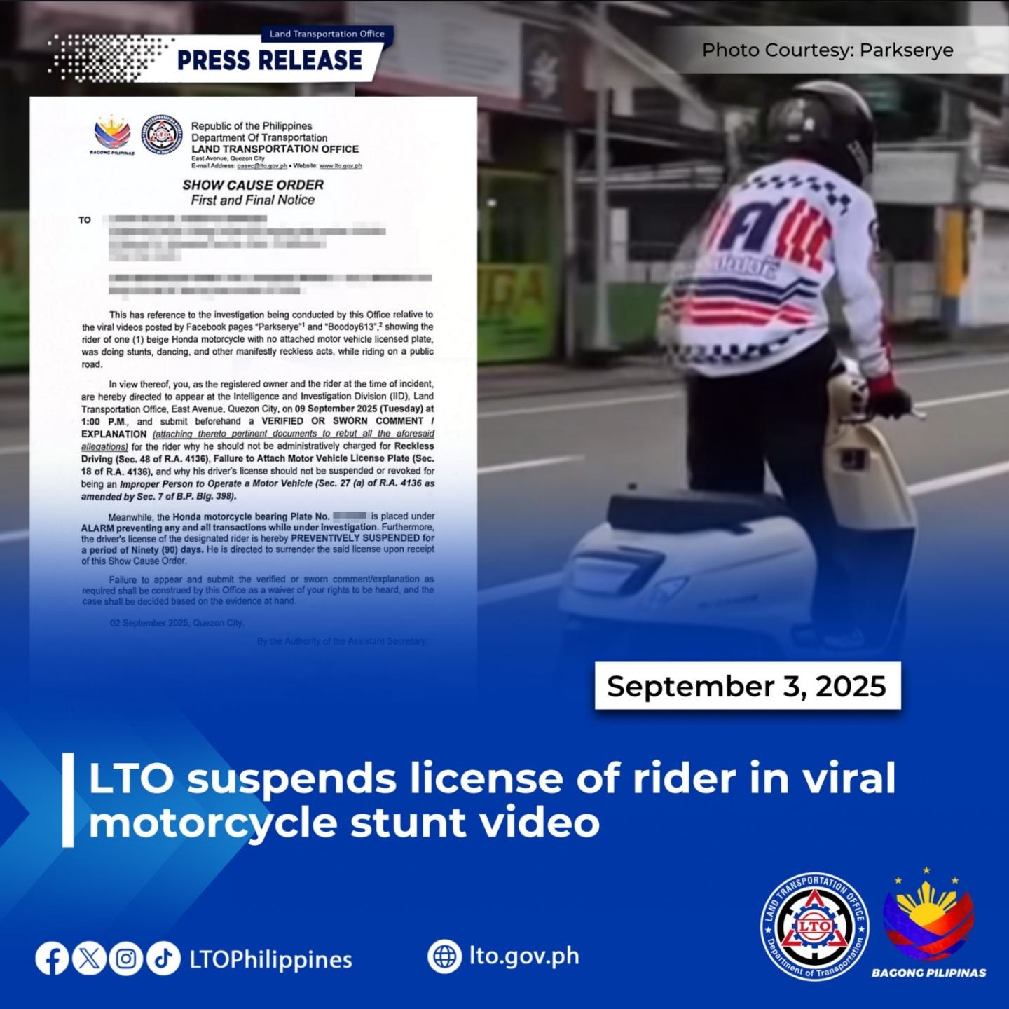 Deserved: Lalaking nag-viral dahil sa stunt video sa pampublikong kalsada, suspendido ang lisensya