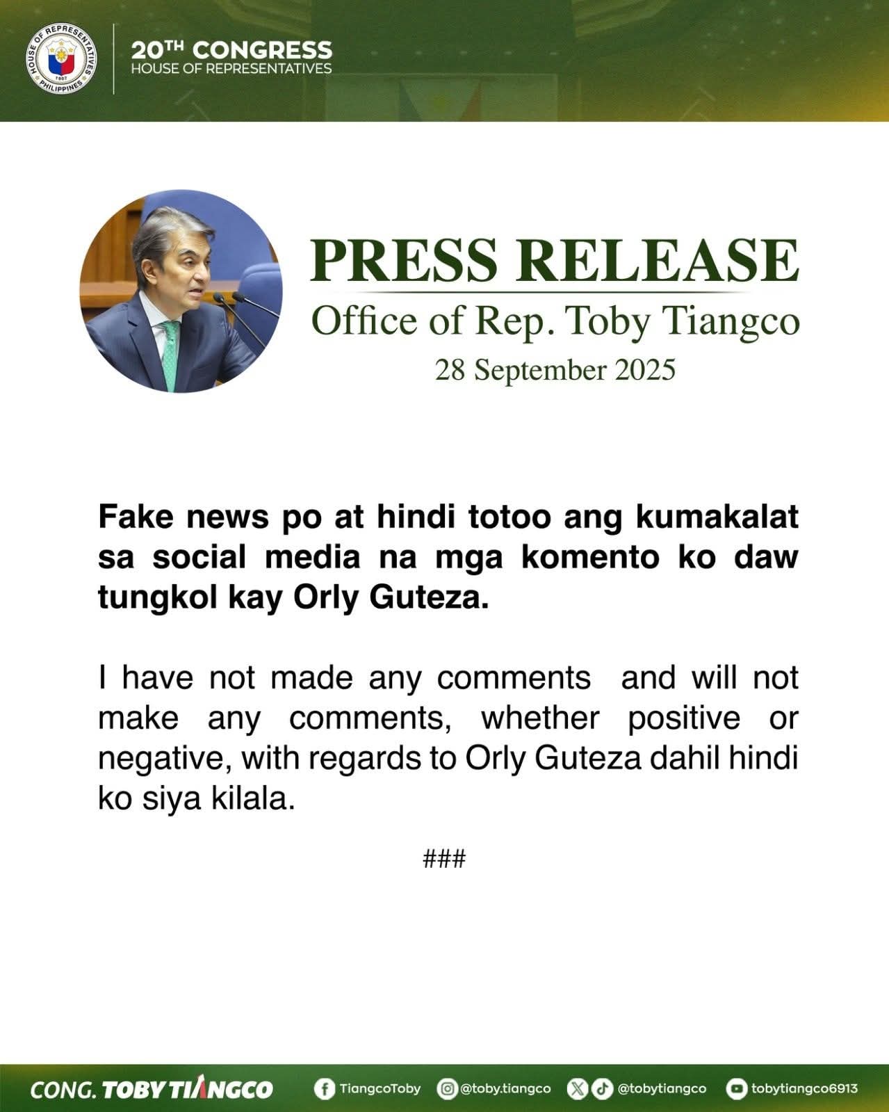 Rep. Toby Tiangco, itinanggi ang umano’y komento kay Orly Guteza; nanawagan kontra fake news