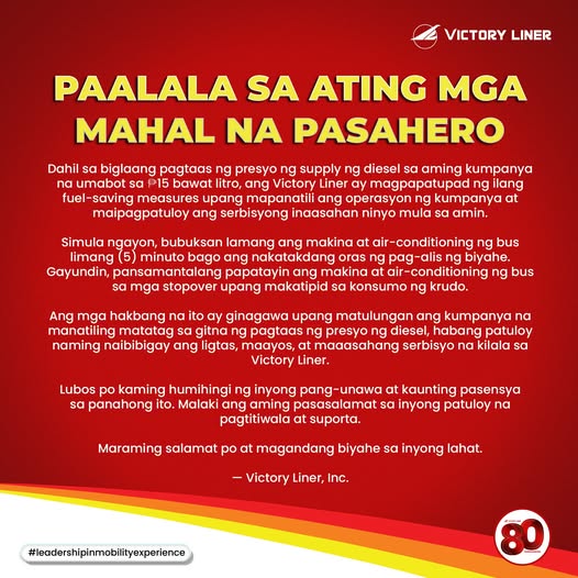 Victory Liner cuts AC time to save fuel —comfort sacrificed?