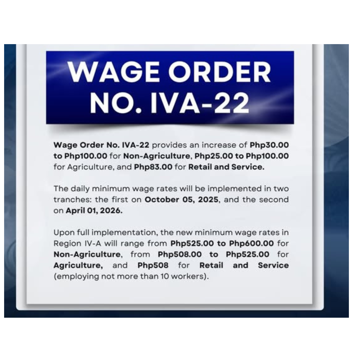 Bagong Minimum Wage Rate sa Laguna Ipinatupad sa Ilalim ng Wage Order No. IVA-22