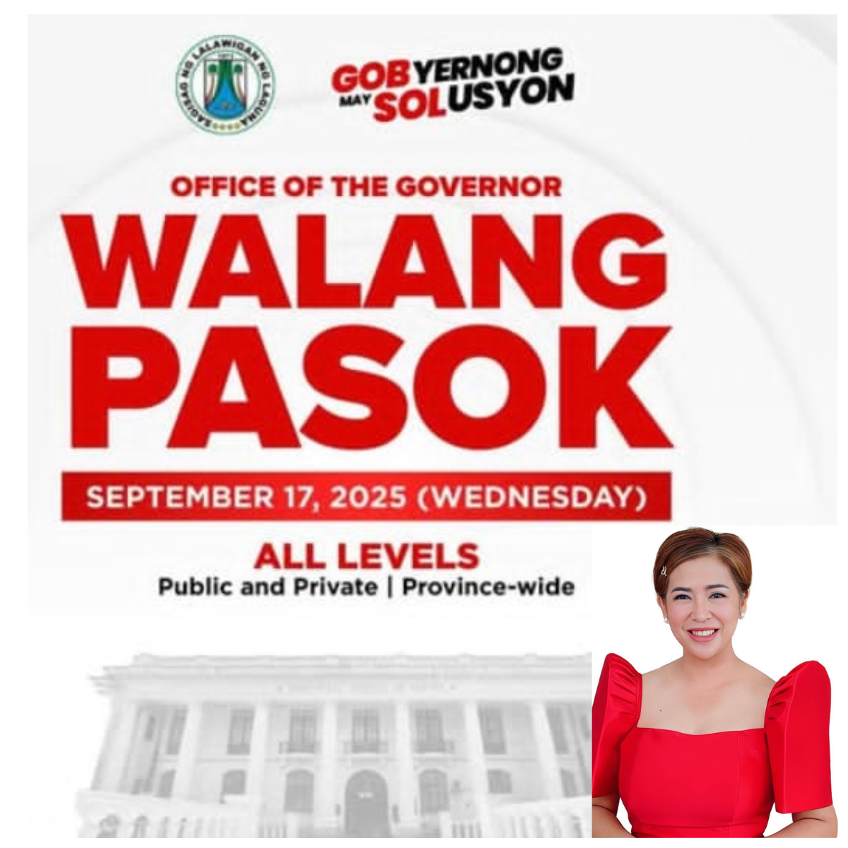 Walang pasok sa buong Laguna dahil sa bagyong Mirasol — Pahayag ni Gov. Sol Aragones