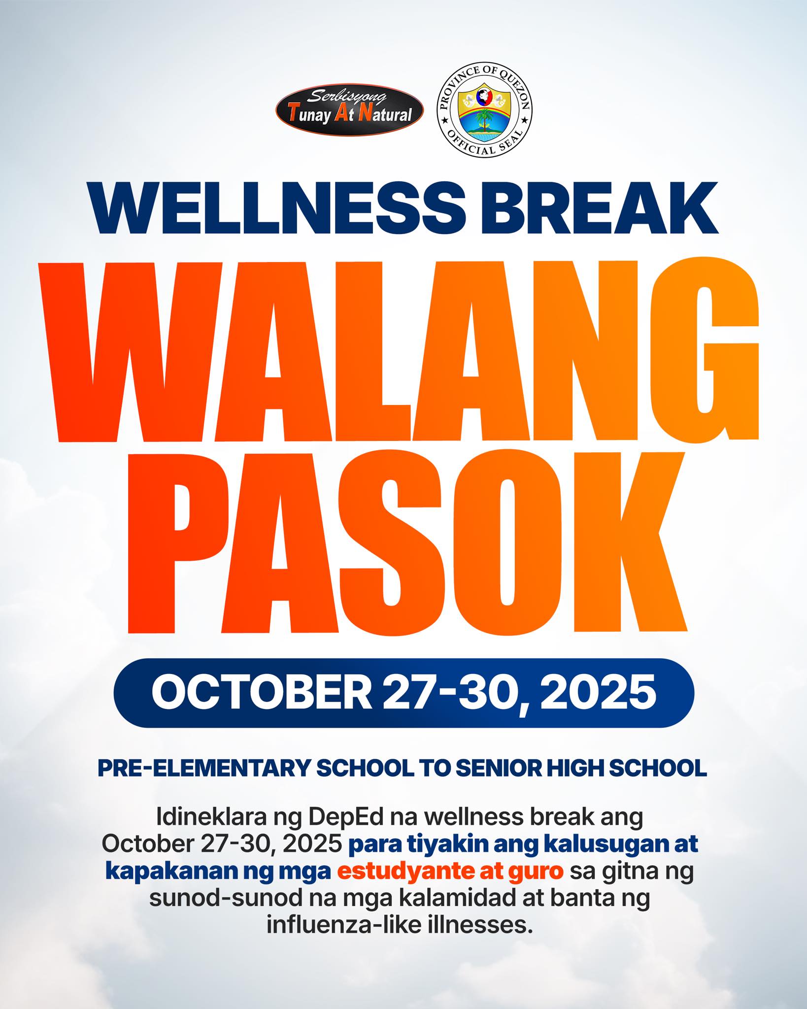 Walang pasok sa Oktubre 27–30: DepEd magpapatupad ng ‘wellness break’